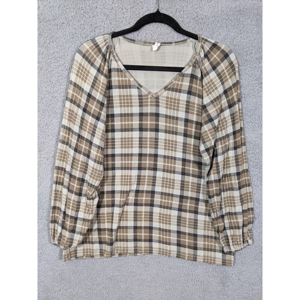 Kate Quinn Top Women M Brown Plaid Raglan Sleeve V Neck Cottagecore Academia